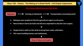 Class 10th - History - The Making of a Global World - Full Chapter Explanation
This is How a World Economy Took Shape
● Railways were needed to link the agricultural regions to the ports.
● New harbours had to be built and old ones expanded to ship the new cargoes.
● People had to settle on the lands to bring them under cultivation.
● This meant building homes and settlements.
Farming on Newlands
Migration Transportation connecting world
Flow of labour and capital
 