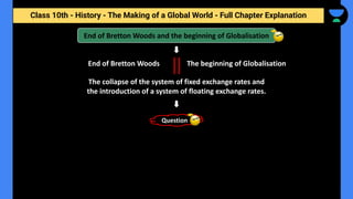 Class 10th - History - The Making of a Global World - Full Chapter Explanation
End of Bretton Woods The beginning of Globalisation
Question
End of Bretton Woods and the beginning of Globalisation
The collapse of the system of fixed exchange rates and
the introduction of a system of floating exchange rates.
 