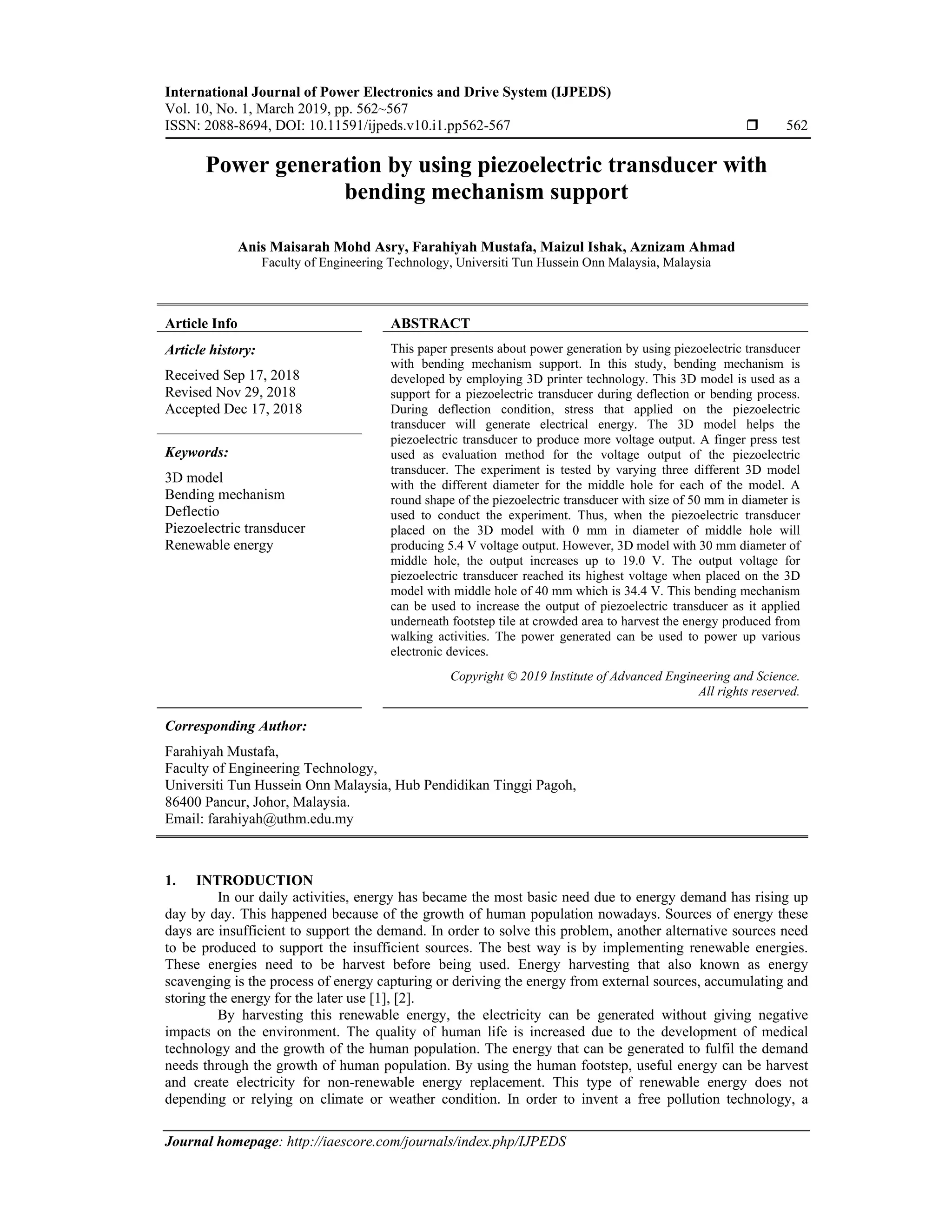 Power generation by using piezoelectric transducer with bending