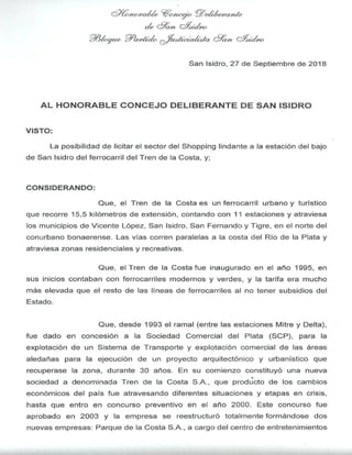 563-HCD-2018 Proy. de Com: Pedido de Informes sobre la licitacion de los negocios en el Tren de la Costa