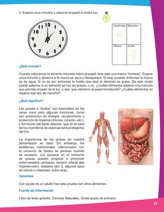 12 1
2
3
4
567
8
9
10
11
27
5. Espera unos minutos y observa el papel a contra luz.
¿Qué sucede?
Cuando colocamos el alimento triturado sobre el papel, éste deja una marca “húmeda”. Espera
unos minutos y observa si la marca se seca y desaparece. Si esto sucede, entonces la marca
es de agua. Si no es así, entonces la huella que dejó el alimento es grasa. De este modo
puede saberse si un alimento es rico en grasas, o no. ¿Cuáles alimentos dejaron una mancha
que permite el paso de la luz; o sea, que volvieron al papel translúcido? ¿Cuáles alimentos no
dejaron ese tipo de mancha?
¿Qué significa?
Las grasas o “lípidos” son esenciales en los
seres vivos para algunas funciones, como
son producción de energía, recubrimiento y
protección de órganos (riñones, corazón, etc.),
y formación del tejido adiposo, que en el caso
de los mamíferos es esencial para protegerlos
del frío.
La importancia de las grasas en nuestra
alimentación es clara. Sin embargo, los
problemas nutricionales relacionados con
el consumo de lípidos se generan cuando
es excesivo. Los excesos en el consumo
de grasas pueden propiciar o promover
enfermedades cardiacas, tensión arterial alta
(hipertensión), diabetes tipo 2, algunos tipos
de cáncer u obesidad, entre otras.
Variantes
Con ayuda de un adulto haz esta prueba con otros alimentos.
Fuente de información
Libro de texto gratuito, Ciencias Naturales, Tercer grado de primaria
 