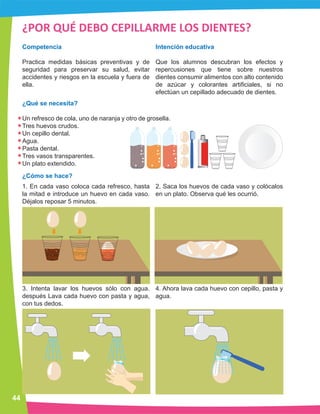 ¿POR QUÉ DEBO CEPILLARME LOS DIENTES?
Competencia
Practica medidas básicas preventivas y de
seguridad para preservar su salud, evitar
accidentes y riesgos en la escuela y fuera de
ella.
¿Qué se necesita?
Un refresco de cola, uno de naranja y otro de grosella.
Tres huevos crudos.
Un cepillo dental.
Agua.
Pasta dental.
Tres vasos transparentes.
Un plato extendido.
¿Cómo se hace?
1. En cada vaso coloca cada refresco, hasta
la mitad e introduce un huevo en cada vaso.
Déjalos reposar 5 minutos.
2. Saca los huevos de cada vaso y colócalos
en un plato. Observa qué les ocurrió.
3. Intenta lavar los huevos sólo con agua.
después Lava cada huevo con pasta y agua,
con tus dedos.
4. Ahora lava cada huevo con cepillo, pasta y
agua.
Intención educativa
Que los alumnos descubran los efectos y
repercusiones que tiene sobre nuestros
dientes consumir alimentos con alto contenido
de azúcar y colorantes artificiales, si no
efectúan un cepillado adecuado de dientes.
44
 