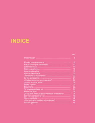 INDICE
Presentación …………………………………………....….. 5
El color que desaparece ………………………………....... 10
Electrización por frotamiento …………………………….. 12
Lata misteriosa …………………………………………....... 14
Colores que huyen …….................................................... 16
Coladera increíble …........................................................ 18
Agua en la moneda …....................................................... 20
Transporte de nutrimentos …............................................ 22
La flor que se pinta …........................................................ 24
¿Cuáles alimentos son grasosos? .................................... 26
¿Cómo limpia el jabón? .................................................... 28
Leche y jabón …............................................................... 30
El sumario ….................................................................... 32
Tu propia puesta de sol …................................................. 34
Masa que fluye …............................................................. 36
¿Se puede inflar un globo dentro de una botella? ............ 38
Las vibraciones de tu voz ….............................................. 40
Huevo que bota ……………………………………………... 42
¿Por qué debo cepillarme los dientes? ............................. 44
Arcoíris giratorio …........................................................... 46
pag.
 