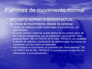 Patrones de movimiento normal
• DECUBITO SUPINO A SEDESTACION.
• Se inicia el movimiento desde la cabeza:
1. Flexión de cabeza y cuello hasta llegar a la contracción de
abdominales.
• El punto central o esternal queda detrás de los puntos clave de
las cinturas escapulares que se adelantan, apareciendo “tono
postural flexor” DE LA PARTE ALTA DEL TRONCO; se completa
la flexión de cabeza y contracción de abdominales, los brazos se
mantienen con los codos en extensión.
• Para finalizar el movimiento se completa con “tono extensor” DE
LA PARTE BAJA DEL TRONCO, lo que provoca el paso de una
retroversión a una anteversión.
 