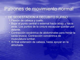 Patrones de movimiento normal
• DE SEDESTACION A DECUBITO SUPINO.
1.Flexión de cabeza y cuello.
• Bajar el punto central o esternal hacia abajo y hacia
atrás. Los puntos de la cintura escapular quedan por
delante.
• Contracción excéntrica de abdominales para frenar la
caída brusca. Contracción concéntrica de
musculatura lumbar.
• Al final extensión de cabeza, hasta apoyar en la
almohada.
 