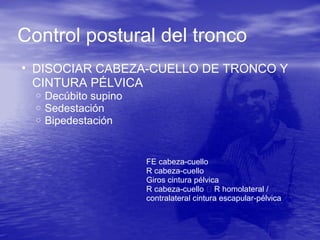 Control postural del tronco
• DISOCIAR CABEZA-CUELLO DE TRONCO Y
CINTURA PÉLVICA
o Decúbito supino
o Sedestación
o Bipedestación
FE cabeza-cuello
R cabeza-cuello
Giros cintura pélvica
R cabeza-cuello  R homolateral /
contralateral cintura escapular-pélvica
 