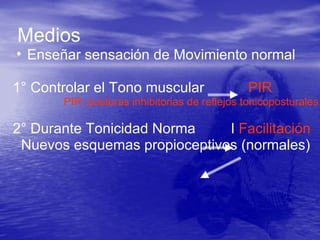Medios
• Enseñar sensación de Movimiento normal
1° Controlar el Tono muscular PIR
PIR: posturas inhibitorias de reflejos tonicoposturales
2° Durante Tonicidad Norma l Facilitación
Nuevos esquemas propioceptivos (normales)
 
