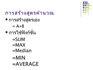 การสร้างสูตรคำานวณ
การสร้างสูตรเอง
= A+B
การใช้ฟังก์ชั่น
=SUM
=MAX
=Median
=MIN
=AVERAGE
 