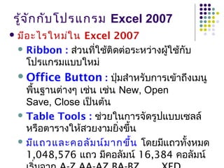 รู้จักกับโปรแกรม Excel 2007
 มีอะไรใหม่ใน Excel 2007
 Ribbon : ส่วนที่ใช้ติดต่อระหว่างผู้ใช้กับ
โปรแกรมแบบใหม่
Office Button : ปุ่มสำาหรับการเข้าถึงเมนู
พื้นฐานต่างๆ เช่น เช่น New, Open
Save, Close เป็นต้น 
 Table Tools : ช่วยในการจัดรูปแบบเซลล์
หรือตารางให้สวยงามยิ่งขึ้น
 มีแถวและคอลัมน์มากขึ้น โดยมีแถวทั้งหมด
1,048,576 แถว มีคอลัมน์ 16,384 คอลัมน์
 