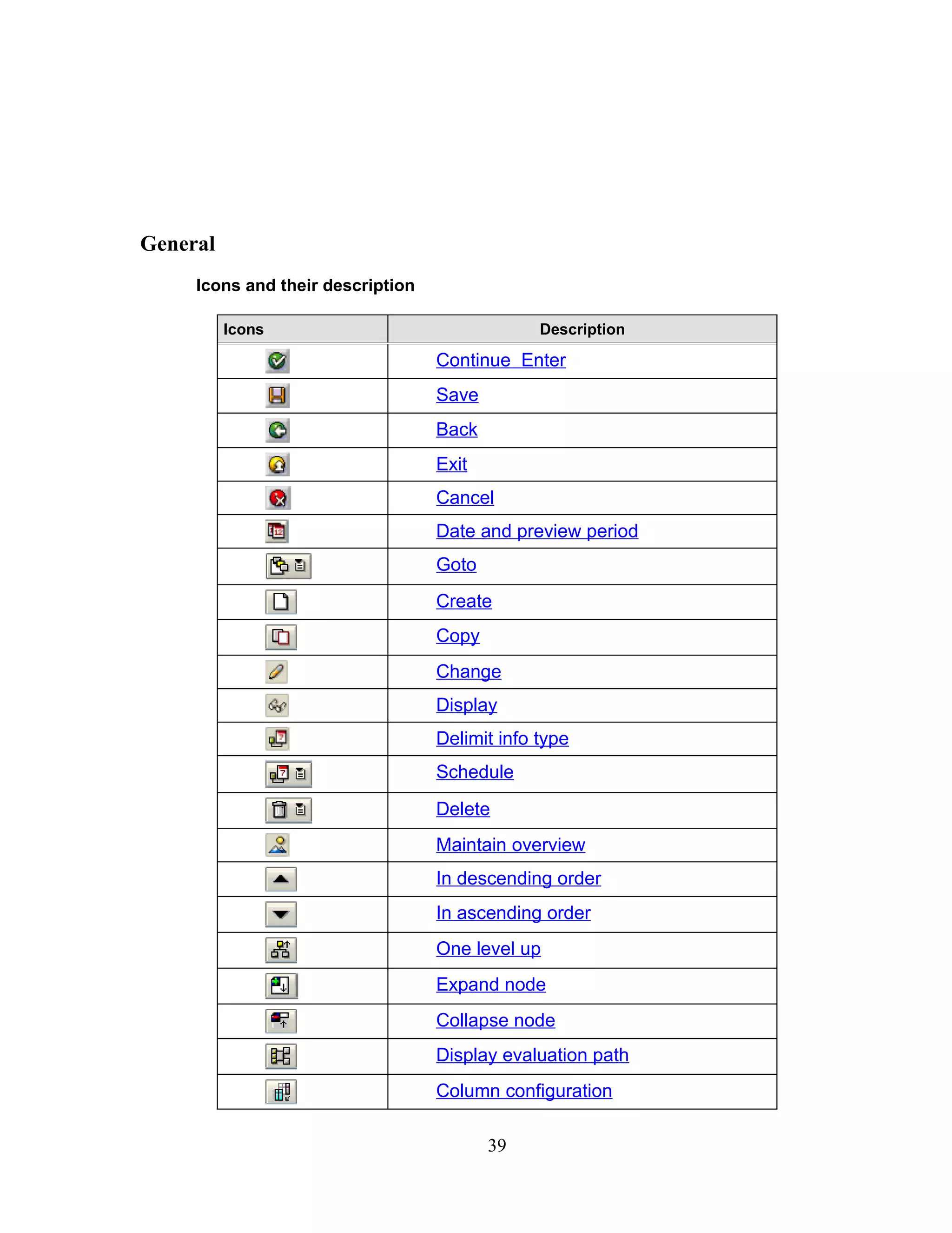 General
     Icons and their description

          Icons                                 Description

                                   Continue Enter
                                   Save
                                   Back
                                   Exit
                                   Cancel
                                   Date and preview period
                                   Goto
                                   Create
                                   Copy
                                   Change
                                   Display
                                   Delimit info type
                                   Schedule
                                   Delete
                                   Maintain overview
                                   In descending order
                                   In ascending order
                                   One level up
                                   Expand node
                                   Collapse node
                                   Display evaluation path
                                   Column configuration

                                          39
 