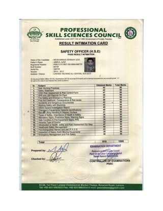 Muhammad Zeeshan Aziz Safety Officer Result Card