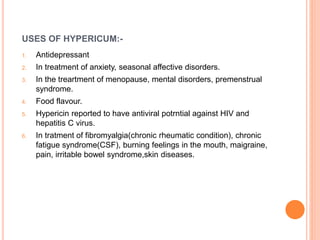 USES OF HYPERICUM:-
1. Antidepressant
2. In treatment of anxiety, seasonal affective disorders.
3. In the treartment of menopause, mental disorders, premenstrual
syndrome.
4. Food flavour.
5. Hypericin reported to have antiviral potrntial against HIV and
hepatitis C virus.
6. In tratment of fibromyalgia(chronic rheumatic condition), chronic
fatigue syndrome(CSF), burning feelings in the mouth, maigraine,
pain, irritable bowel syndrome,skin diseases.
 
