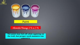 Paint
AllowableWastage 2 % to 3 %
The paint may fall off while applying on
the wall, but proper work manners can
control it.
 