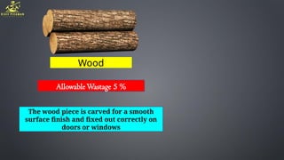 Wood
AllowableWastage 5 %
The wood piece is carved for a smooth
surface finish and fixed out correctly on
doors or windows
 