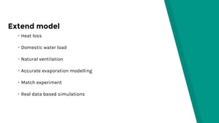 ▸Heat loss
▸Domestic water load
▸Natural ventilation
▸Accurate evaporation modelling
▸Match experiment
▸Real data based simulations
Extend model
 