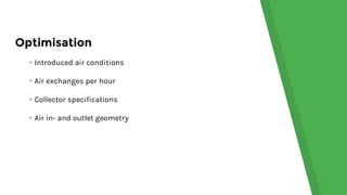 Optimisation
▸Introduced air conditions
▸Air exchanges per hour
▸Collector specifications
▸Air in- and outlet geometry
 