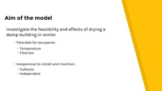 Aim of the model
Investigate the feasibility and effects of drying a
damp building in winter
▸Tolarable for occupants
▸Inexpensive to install and maintain
▹Temperature
▹Flowrate
▹Collector
▹Independent
 