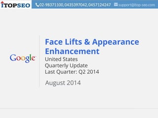 Google Confidential and Proprietary 1Google Confidential and Proprietary 1
Face Lifts & Appearance
Enhancement
United States
Quarterly Update
Last Quarter: Q2 2014
August 2014
 