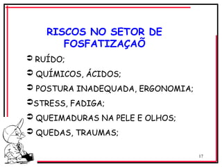 17
 RUÍDO;
 QUÍMICOS, ÁCIDOS;
 POSTURA INADEQUADA, ERGONOMIA;
STRESS, FADIGA;
 QUEIMADURAS NA PELE E OLHOS;
 QUEDAS, TRAUMAS;
RISCOS NO SETOR DE
FOSFATIZAÇAÕ
 