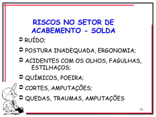 18
 RUÍDO;
 POSTURA INADEQUADA, ERGONOMIA;
 ACIDENTES COM OS OLHOS, FAGULHAS,
ESTILHAÇOS;
 QUÍMICOS, POEIRA;
 CORTES, AMPUTAÇÕES;
 QUEDAS, TRAUMAS, AMPUTAÇÕES
RISCOS NO SETOR DE
ACABEMENTO - SOLDA
 