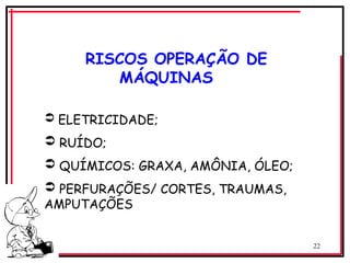 22
 ELETRICIDADE;
 RUÍDO;
 QUÍMICOS: GRAXA, AMÔNIA, ÓLEO;
 PERFURAÇÕES/ CORTES, TRAUMAS,
AMPUTAÇÕES
RISCOS OPERAÇÃO DE
MÁQUINAS
 