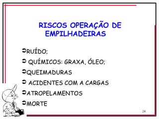 24
RUÍDO;
 QUÍMICOS: GRAXA, ÓLEO;
QUEIMADURAS
 ACIDENTES COM A CARGAS
ATROPELAMENTOS
MORTE
RISCOS OPERAÇÃO DE
EMPILHADEIRAS
 