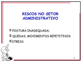 25
 POSTURA INADEQUADA;
 QUEDAS, MOVIMENTOS REPETITIVOS
STRESS
RISCOS NO SETOR
ADMINISTRATIVO
 