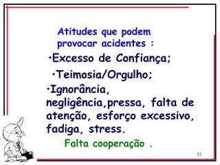 32
Atitudes que podem
provocar acidentes :
•Excesso de Confiança;
•Teimosia/Orgulho;
•Ignorância,
negligência,pressa, falta de
atenção, esforço excessivo,
fadiga, stress.
Falta cooperação .
 
