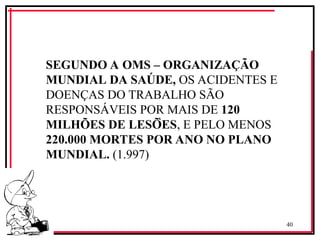 40
‘
SEGUNDO A OMS – ORGANIZAÇÃO
MUNDIAL DA SAÚDE, OS ACIDENTES E
DOENÇAS DO TRABALHO SÃO
RESPONSÁVEIS POR MAIS DE 120
MILHÕES DE LESÕES, E PELO MENOS
220.000 MORTES POR ANO NO PLANO
MUNDIAL. (1.997)
 