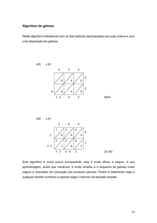 34
Algoritmo de gelosia
Neste algoritmo trabalha-se com os dois factores decompostos nas suas ordens e com
uma disposição em gelosia.
420 x 22
4 2 0
2
8 4 0
2
9 8 4 0
1 2 4 0 9240
349 x 67
3 4 9
1 2 5
6
2 8 4 4
2 2 6
7
1 3 1 8 3
1 3 1 8 3 23 383
Este algoritmo é muito pouco transparente, mas é muito eficaz e seguro. A sua
aprendizagem, ainda que mecânica, é muito simples e o esquema da gelosia muito
seguro e orientador da colocação dos produtos parciais. Porém é totalmente cego a
qualquer sentido numérico e apenas exige o domínio da tabuada simples.
 
