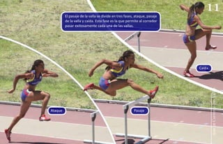 Ataque Pasaje
Caída
El pasaje de la valla se divide en tres fases, ataque, pasaje
de la valla y caída. Esta fase es la que permite al corredor
pasar exitosamente cada una de las vallas.
11
guía
de
Carreras
con
Vallas
 