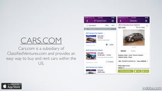 indeba.com
CARS.COM
Cars.com is a subsidiary of
ClassiﬁedVentures.com and provides an
easy way to buy and rent cars within the
US.
 