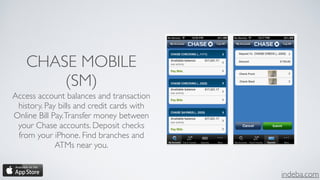 indeba.com
CHASE MOBILE
(SM)
Access account balances and transaction
history. Pay bills and credit cards with
Online Bill Pay.Transfer money between
your Chase accounts. Deposit checks
from your iPhone. Find branches and
ATMs near you.
 