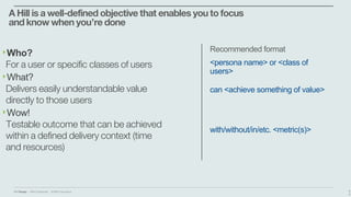 IBM Design :: IBM Confidential :: © IBM Corporation
A Hill is a well-defined objective that enables you to focus
and know when you’re done
‣Who?
For a user or specific classes of users
‣What?
Delivers easily understandable value
directly to those users
‣Wow!
Testable outcome that can be achieved
within a defined delivery context (time
and resources)
<persona name> or <class of
users>
can <achieve something of value>
with/without/in/etc. <metric(s)>
Recommended format
6
3
 