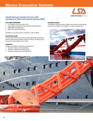 26
Liferaft Systems Australia Pty Ltd. (LSA)
specializes in Marine Evacuation Systems (MES)
EACH MES COMPRISES:
•	 An inflatable inclined evacuation slide
•	 Large capacity canopied or open reversible inflatable liferafts
•	 A lightweight stowage cradle
•	 MES exterior door and coaming
LSA MES’ do not use winches or hydraulics in order to deploy.
EVACUATION SLIDE
The evacuation slides are made from durable, lightweight and abrasion
resistant advanced polyurethane coated nylon fabric. the slides provide
evacuations up to a height of up to 13.6m.
LIFERAFTS
Liferafts are available in the following configurations:
•	 50 person capacity self righting liferaft
•	 100 person capacity self righting liferaft
•	 128 person capacity open reversible liferaft
Marine Evacuation Systems
STOWAGE CRADLE
The stowage cradle and inflation cylinders are made from marine grade
aluminum. The cradle can be installed in an area of less than 4m2.
 