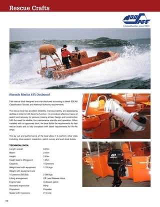 42
Rescue Crafts
Norsafe Merlin 615 Outboard
Fast rescue boat designed and manufactured according to latest SOLAS
Classification Society and National Authority requirements.
The rescue boat has excellent reliability, manoeuvrability, and seakeeping
abilities in order to fulfil its prime function - to provide an effective means of
search and recovery for persons missing at sea. Design and construction
fulfil the need for reliable, low maintenance standby and operation. When
installed with an approved davit, the boat fulfils the requirements for fast
rescue boats and is fully compliant with latest requirements for Ro-Ro
ships.
The lay out and performance of the boat allow it to perform other roles
including, dive support, inspection, patrol, survey and work boat duties.
TECHNICAL DATA:
Length overall:	 6,25m
Beam:	2,45m
Height:	2,40m
Height keel to liftingpoint:	 1,95m
Capacity:	 15 persons
Weight boat with equipment:	 1.150 kgs
Weight with equipment and
15 persons (SOLAS):	 2.388 kgs
Lifting arrangement:	 Off Load Release Hook
Engine type:	 Outboard petrol
Standard engine size:	 60Hp
Propulsion:	Propeller
Speed with 3 persons:	 21 knots
 