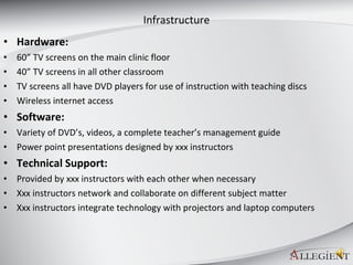 Infrastructure Hardware: 60” TV screens on the main clinic floor 40” TV screens in all other classroom TV screens all have DVD players for use of instruction with teaching discs Wireless internet access Software: Variety of DVD’s, videos, a complete teacher’s management guide  Power point presentations designed by xxx instructors Technical Support: Provided by xxx instructors with each other when necessary Xxx instructors network and collaborate on different subject matter  Xxx instructors integrate technology with projectors and laptop computers  