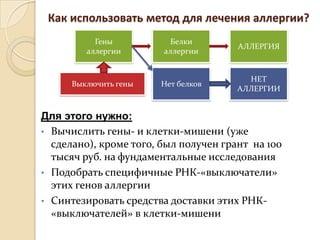 Как использовать метод для лечения аллергии?
           Гены           Белки
                                       АЛЛЕРГИЯ
         аллергии       аллергии


                                         НЕТ
      Выключить гены   Нет белков
                                       АЛЛЕРГИИ


Для этого нужно:
• Вычислить гены- и клетки-мишени (уже
  сделано), кроме того, был получен грант на 100
  тысяч руб. на фундаментальные исследования
• Подобрать специфичные РНК-«выключатели»
  этих генов аллергии
• Синтезировать средства доставки этих РНК-
  «выключателей» в клетки-мишени
 