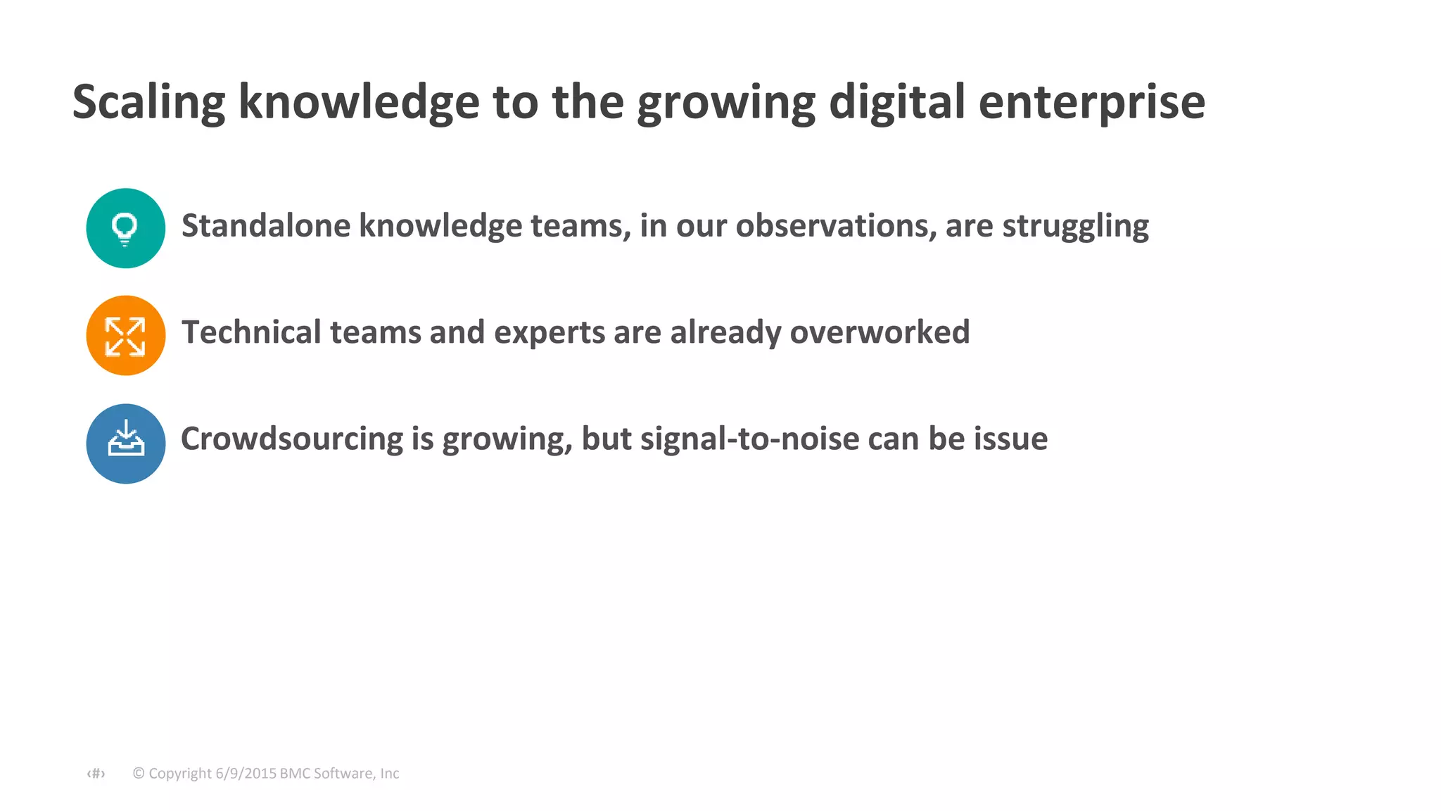 © Copyright 6/9/2015 BMC Software, Inc‹#›
Scaling knowledge to the growing digital enterprise
Crowdsourcing is growing, but signal-to-noise can be issue
Standalone knowledge teams, in our observations, are struggling
Technical teams and experts are already overworked
 