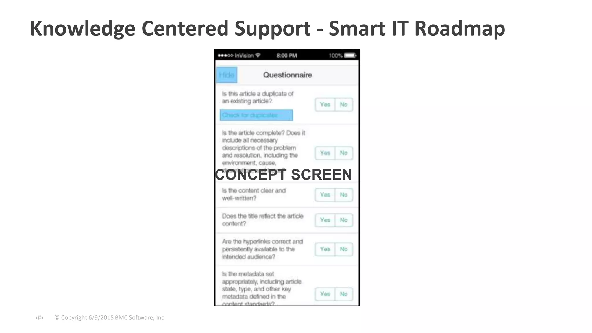 © Copyright 6/9/2015 BMC Software, Inc‹#›
Knowledge Centered Support - Smart IT Roadmap
CONCEPT SCREEN
 