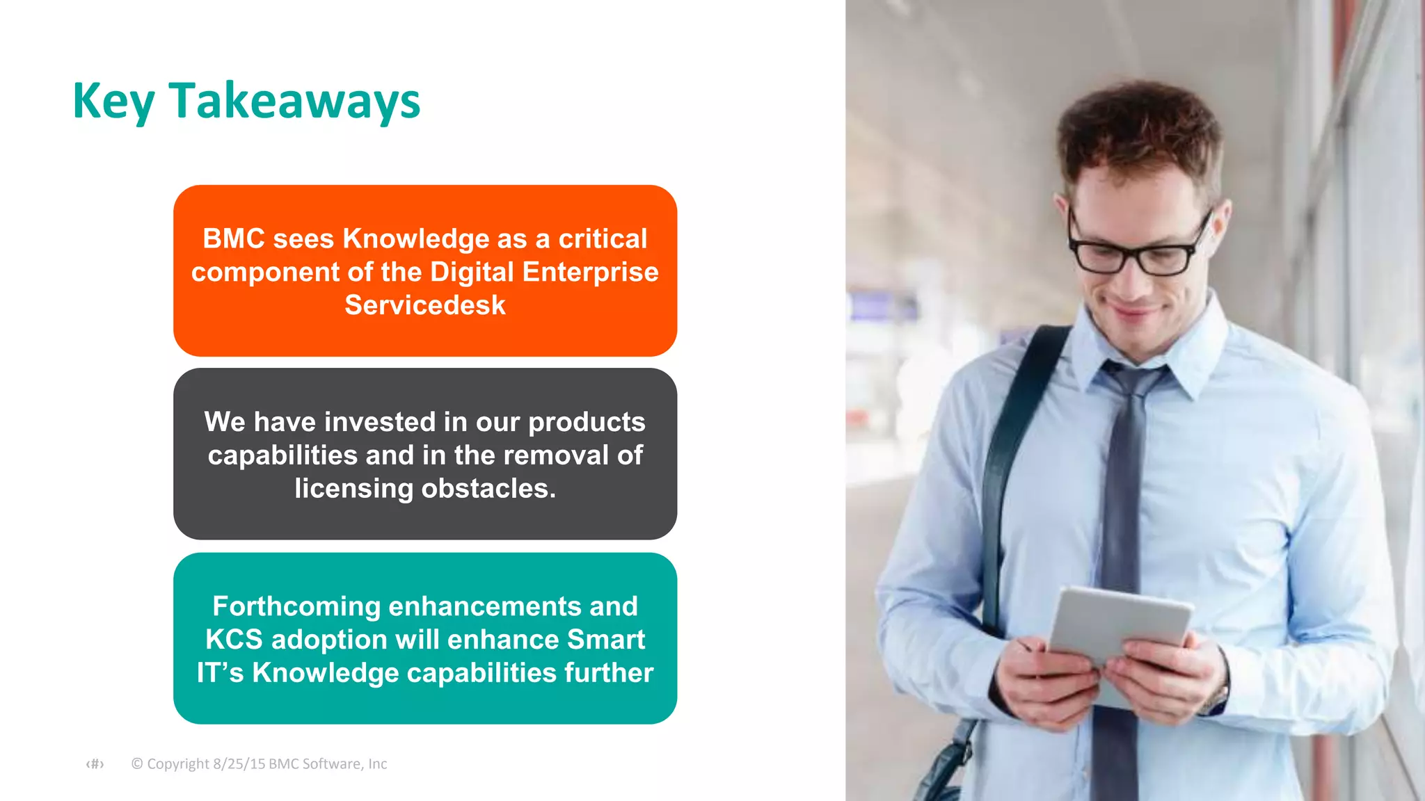 © Copyright 8/25/15 BMC Software, Inc‹#› BMC San Jose
Key Takeaways
BMC sees Knowledge as a critical
component of the Digital Enterprise
Servicedesk
We have invested in our products
capabilities and in the removal of
licensing obstacles.
Forthcoming enhancements and
KCS adoption will enhance Smart
IT’s Knowledge capabilities further
 