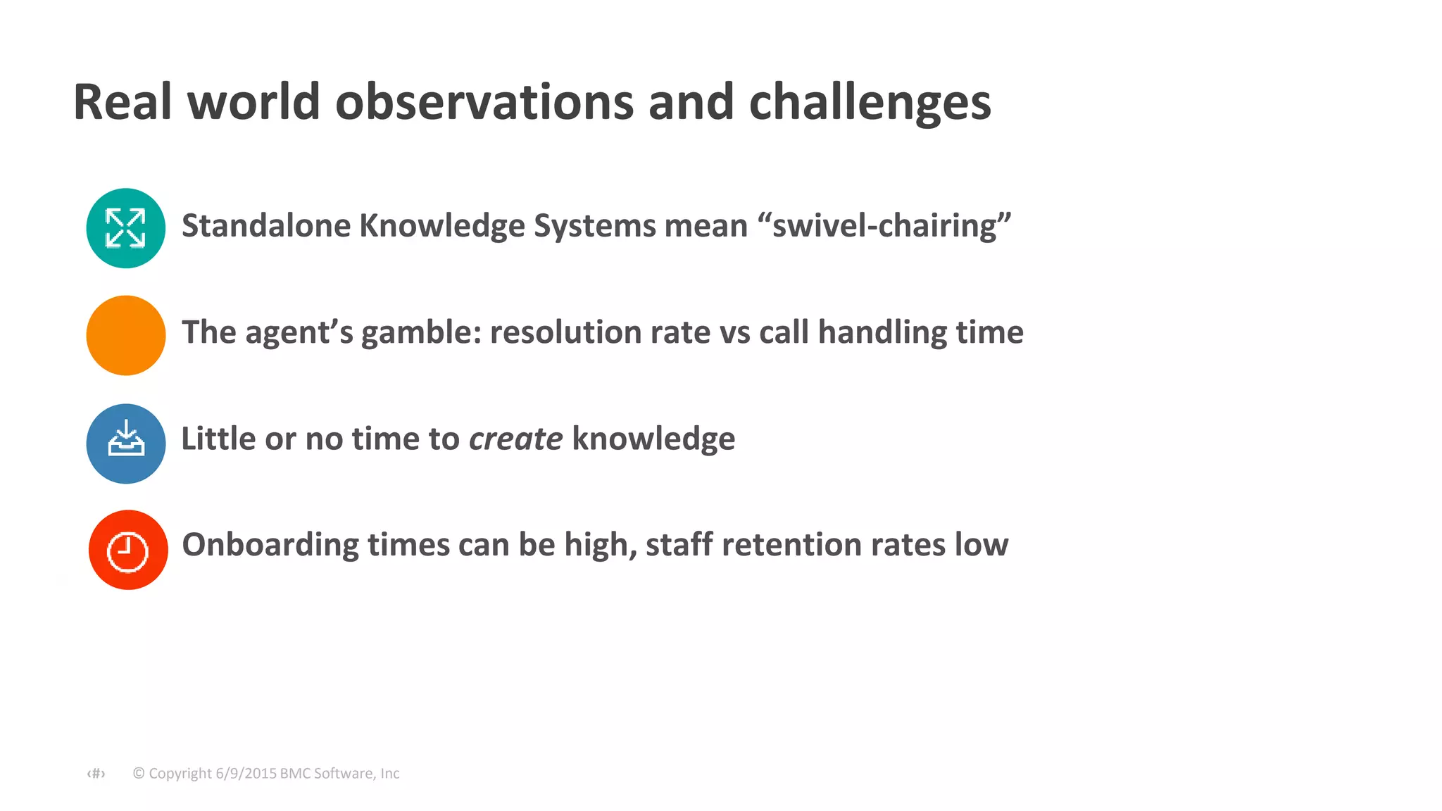 © Copyright 6/9/2015 BMC Software, Inc‹#›
Real world observations and challenges
Little or no time to create knowledge
Standalone Knowledge Systems mean “swivel-chairing”
The agent’s gamble: resolution rate vs call handling time
Onboarding times can be high, staff retention rates low
 