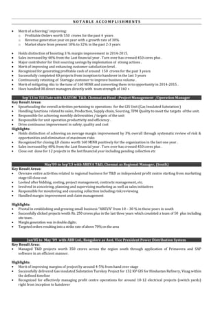 N O T A B L E A C C O M P L I S H M E N T S
• Merit of achieving/ improving:
o Profitable Orders worth 550 crores for the past 4 years
o Revenue generation year on year with a growth rate of 30%
o Market share from present 10% to 32% in the past 2-3 years
• Holds distinction of boosting 3 % margin improvement in 2014-2015.
• Sales increased by 40% from the Last financial year . Turn over has crossed 450 cores plus .
• Major contributor for Unit sourcing savings by implemation of strong actions .
• Merit of improving and enhancing customer satisfaction level .
• Recognized for generating profitable cash of around 150 crores for the past 3 years
• Successfully completed 40 projects from inception to handover in the last 3 years
• Continuously retaining of Startegic customer to improve business volume .
• Merit of mitigating riks to the tune of 160 MINR and converting them in to opportunity in 2014-2015 .
• Have handled 08 direct managers directly with team strength of 160 +
Sep’13 to Till Date with ALSTOM T&D, Chennai as Head –Project Management /Operation Manager
Key Result Areas:
• Spearheading the overall activities pertaining to operations for the GIS Unit (Gas Insulated Substation )
• Handling functions related to sales, Production, Supply chain, Sourcing, TPM Quality to meet the targets of the unit.
• Responsible for achieving monthly deliverables / targets of the unit
• Responsible for unit operation productivity and efficiency .
• Drive continuous improvement in safety, quality and cost
Highlights:
• Holds distinction of achieving an average margin improvement by 3% overall through systematic review of risk &
opportunities and elimination of maximum risks
• Recognized for closing LD claims worth 160 MINR positively for the organization in the last one year .
• Sales increased by 40% from the Last financial year . Turn over has crossed 450 cores plus .
• Close out done for 12 projects in the last financial year including pending collection etc
May’09 to Sep’13 with AREVA T&D, Chennai as Regional Manager, (South)
Key Result Areas:
• Oversaw entire activities related to regional business for T&D as independent profit centre starting from marketing
stage till close out
• Looked after bidding, costing, project management, contracts management, etc.
• Involved in conceiving, planning and supervising marketing as well as sales initiatives
• Responsible for monitoring and ensuring collection including risk reviewing
• Handled margin improvement and claim management
Highlights:
• Pivotal in establishing and growing small business “AREVA” from 10 – 30 % in these years in south
• Successfully clicked projects worth Rs. 250 crores plus in the last three years which consisted a team of 50 plus including
site team .
• Margin generation was in double digits .
• Targeted orders resulting into a strike rate of above 70% on the area
Jun’05 to May ’09 with ABB Ltd., Bangalore as Asst. Vice President Power Distribution System
Key Result Area:
• Managed T&D projects worth 350 crores across the region south through application of Primavera and SAP
software in an efficient manner.
Highlights:
• Merit of improving margins of project by around 4-5% from hand over stage
• Successfully delivered Gas insulated Substation Turnkey Project for 132 KV GIS for Hindustan Refinery, Vizag within
the defined timeline
• Recognized for effectively managing profit centre operations for around 10-12 electrical projects (switch yards)
right from inception to handover
 