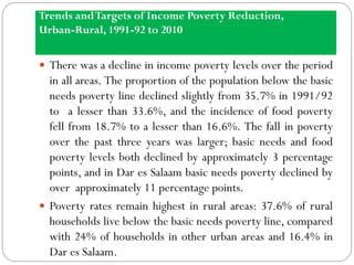 Trends andTargets of Income Poverty Reduction,
Urban-Rural, 1991-92 to 2010
 There was a decline in income poverty levels over the period
in all areas. The proportion of the population below the basic
needs poverty line declined slightly from 35.7% in 1991/92
to a lesser than 33.6%, and the incidence of food poverty
fell from 18.7% to a lesser than 16.6%. The fall in poverty
over the past three years was larger; basic needs and food
poverty levels both declined by approximately 3 percentage
points, and in Dar es Salaam basic needs poverty declined by
over approximately 11 percentage points.
 Poverty rates remain highest in rural areas: 37.6% of rural
households live below the basic needs poverty line, compared
with 24% of households in other urban areas and 16.4% in
Dar es Salaam.
 