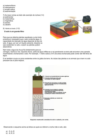 a) metamorfismo
b) intemperismo
c) erosão eólica
d) sedimentação
7) As duas rochas ao lado são exemplo de rochas:(1.0)
a) sedimentar
b) metamórfica
c) magmática
d) arenito
e) calcário
8) Atente ao texto: (1.0)
O solo é um grande filtro
Para que se obtenha plantas saudáveis e uma horta
produtiva é necessário que o solo contenha água. A
capacidade de retenção de água depende do tipo de
solo. A água, por ser um líquido solvente, dissolve os
sais existentes no solo, e assim as plantas podem
absorvê-los
Nem toda a água da chuva flui diretamente para os
córregos, riachos e rios. Quando chove, parte da água infiltra-se e vai penetrando na terra até encontrar uma camada
impermeável, encharcando o solo. Por exemplo, 1 metro cúbico (1m³) de areia encharcada pode conter até 400 litros de
água.
O ar também ocupa os poros existentes entre os grãos de terra. As raízes das plantas e os animais que vivem no solo
precisam de ar para respirar.
Esquema mostrando camadas do solo e subsolo, em corte.
Observando o esquema acima as letras as quais se referem a rocha mãe e solo, são:
a) O, A, R
b) A, R, O
 