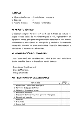 X. METAS
a. Números de alumnos : 43 estudiantes, secundaria
b. Docentes : 5
c. Personal de apoyo : Padres de Familia todos
XI. ASPECTO TÉCNICO
El desarrollo del proyecto "Biohuerto" en el área destinada, se realzara por
etapas en cada clase y se ira avanzando paso a paso, organizándonos en
equipos de trabajo, para poder delegar funciones específicas a cada alumno,
promoviendo de esta manera su participación y fomentado su creatividad,
despertando su interés por estas actividades de protección. Se considerara la
participación y creatividad de cada alumno.
XII. ORGANIZACIÓN DEL PROYECTO
Los docentes planificarán las actividades a realizar y cada grupo asumirá una
función específica durante el desarrollo de nuestro proyecto.
- Grupo de coordinación general.
- Grupo de Materiales.
- Trabajo en conjunto.
XIII. PROGRAMACIÓN DE ACTIVIDADES
ACTIVIDADES
MESES
S O N D
1. Presentación y planificación del Proyecto
2. Formación de Equipos de Trabajo
3. Ubicación y Limpieza del terreno
4. Preparación del terreno
5. Recolección de los fondos para la ejecución del proyecto
6. Ejecución del proyecto
7. Monitoreo
8. Evaluación
9. Informe final
 