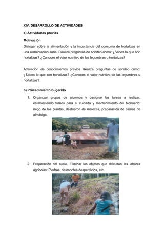XIV. DESARROLLO DE ACTIVIDADES
a) Actividades previas
Motivación
Dialogar sobre la alimentación y la importancia del consumo de hortalizas en
una alimentación sana. Realiza preguntas de sondeo como: ¿Sabes lo que son
hortalizas? ¿Conoces el valor nutritivo de las legumbres u hortalizas?
Activación de conocimientos previos Realiza preguntas de sondeo como:
¿Sabes lo que son hortalizas? ¿Conoces el valor nutritivo de las legumbres u
hortalizas?
b) Procedimiento Sugerido
1. Organizar grupos de alumnos y designar las tareas a realizar,
estableciendo turnos para el cuidado y mantenimiento del biohuerto:
riego de las plantas, deshierbo de malezas, preparación de camas de
almácigo.
2. Preparación del suelo. Eliminar los objetos que dificultan las labores
agrícolas: Piedras, desmontes desperdicios, etc.
 