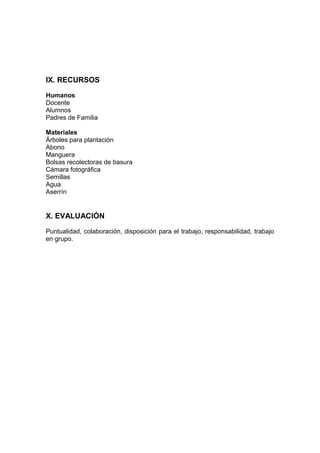 IX. RECURSOS
Humanos
Docente
Alumnos
Padres de Familia
Materiales
Árboles para plantación
Abono
Manguera
Bolsas recolectoras de basura
Cámara fotográfica
Semillas
Agua
Aserrín
X. EVALUACIÓN
Puntualidad, colaboración, disposición para el trabajo, responsabilidad, trabajo
en grupo.
 