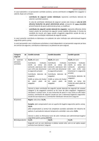 Dreptul securitatii sociale
Lector dr. Luminita Dima
In cazul salariatilor si al persoanelor asimilate acestora, sarcina contributiei se imparte intre angajator si
salariat, dupa cum urmeaza :
- contributia de asigurari sociale individuala reprezinta contributia datorata de
salariat si asimilatii acestora
In cota de contributie individuala de asigurari sociale este inclusa si cota de 2,5%
aferenta fondurilor de pensii administrate privat, prevazuta de Legea 411/2004
privind fondurile de pensii administrate privat, cu modificari.
- contribuţia de asigurări sociale datorată de angajator reprezinta diferenţa dintre
nivelul cotelor de contribuţii de asigurări sociale stabilite diferenţiat, în funcţie de
condiţiile de muncă, prin legea anuală a bugetului asigurărilor sociale de stat, şi
nivelul cotei contribuţiei individuale de asigurări sociale.
In cazul somerilor contributia se datoreaza si se plateste de catre instituţia care administrează bugetul
asigurărilor pentru şomaj.
In cazul persoanelor care isi desfasoara activitatea in mod independent si al persoanelor asigurate pe baza
de contract de asigurare, contributia se datoreaza si se plateste de catre asigurat.
Categoria de
asigurati
Conditii normale Conditii deosebite Conditii speciale
I (salariati si
persoane
asimilate)
31,3%, din care:
Contributia inviduala:
10,5% se retine din
veniturile salariatului (din
care 2,5% este directionat
la asigurarile private)
Contributia datorata de
angajator:
20,8% se retine din fondul
de salarii platit de
angajator
36,3%, din care:
Contributia inviduala:
10,5% se retine din
veniturile salariatului (din
care 2,5% este directionat
la asigurarile private)
Contributia datorata de
angajator:
25,8% se retine din fondul
de salarii platit de
angajator
41,3%, din care:
Contributia inviduala:
10,5% se retine din
veniturile salariatului
(din care 2,5% este
directionat la asigurarile
private)
Contributia datorata de
angajator:
30,8% se retine din
fondul de salarii platit de
angajator
Calculul şi plata contribuţiei de asigurări sociale datorate de asiguraţii din aceasta
categorie şi de angajatorii acestora se fac lunar de către angajatori. Angajatorul
calculeaza si vireaza lunar, la casa teritoriala de pensii in raza careia se afla sediul
acestuia, contributia de asigurari sociale pe care o datoreaza bugetului asigurarilor
sociale de stat impreuna cu contributiile individuale retinute de la asigurati.
II (someri) Regula: cota unica: 31,3%,
Exceptia: plati compensatorii care se suporta din bugetul asigurarilor pentru somaj:
10,5%
plăţi compensatorii şi venituri de completare acordate salariaţilor din industria de
apărare, în perioada de reducere temporară a activităţii: cota unica: 0,5%.
Calculul si plata se efectueaza lunar de catre instituţia care administrează bugetul
asigurărilor pentru şomaj (ANOFM).
III (independenti) 31,3% 36,3% 41,3%
Asiguratii sunt cei care datoreaza si platesc aceste cote, care se vor aplica asupra
venitului lunar declarat / asigurat.
13
 