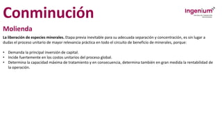 Conminución
Molienda
La liberación de especies minerales. Etapa previa inevitable para su adecuada separación y concentración, es sin lugar a
dudas el proceso unitario de mayor relevancia práctica en todo el circuito de beneficio de minerales, porque:
• Demanda la principal inversión de capital.
• Incide fuertemente en los costos unitarios del proceso global.
• Determina la capacidad máxima de tratamiento y en consecuencia, determina también en gran medida la rentabilidad de
la operación.
 